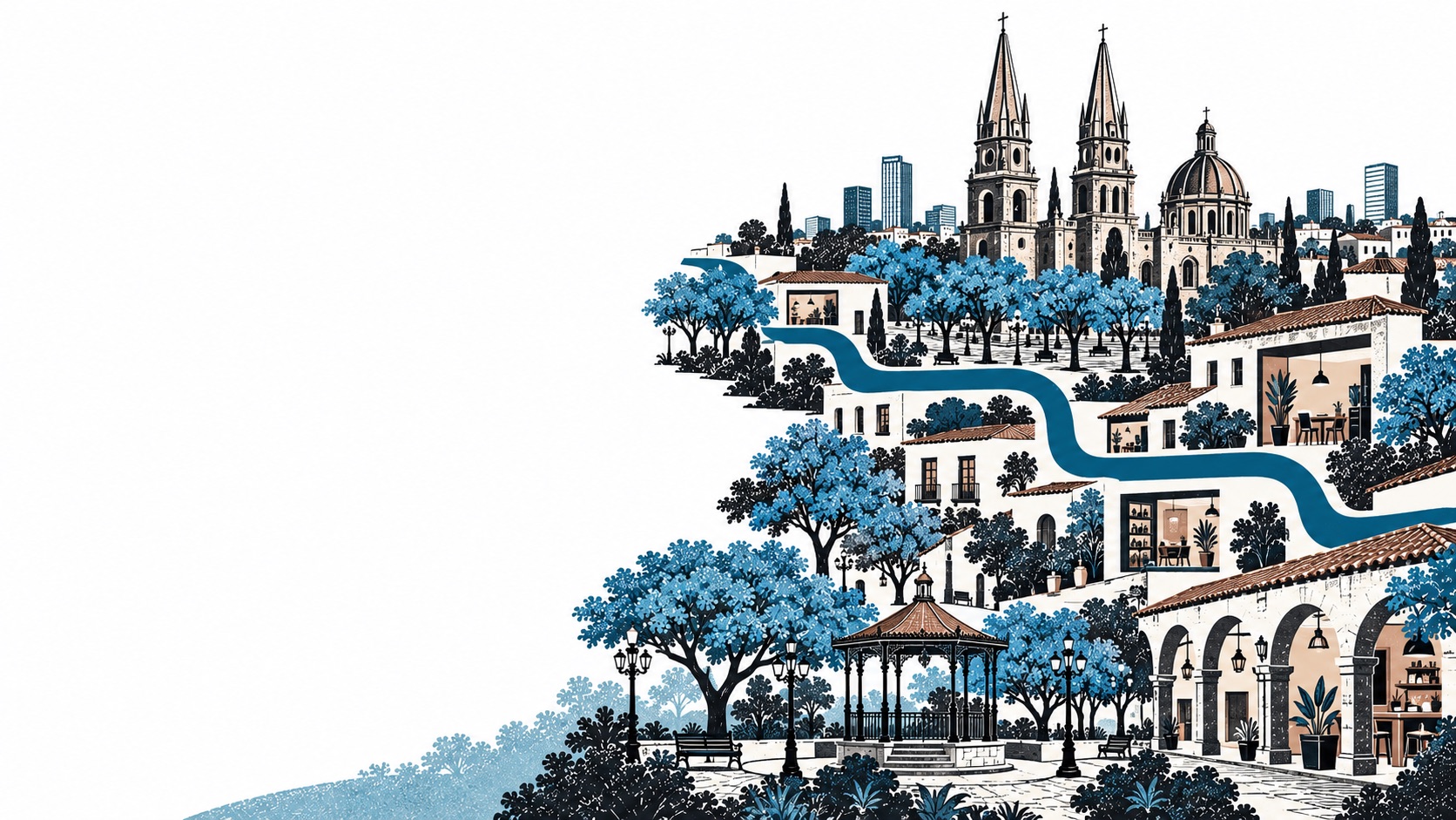 Ilustración editorial de Guadalajara: catedral, plazas y negocios conectados por una ruta azul